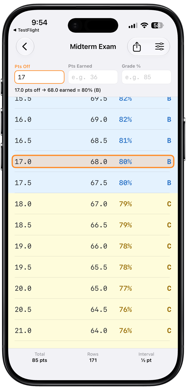 GradeKey on iPhone showing a highlighted 80 percent grade row for a midterm exam