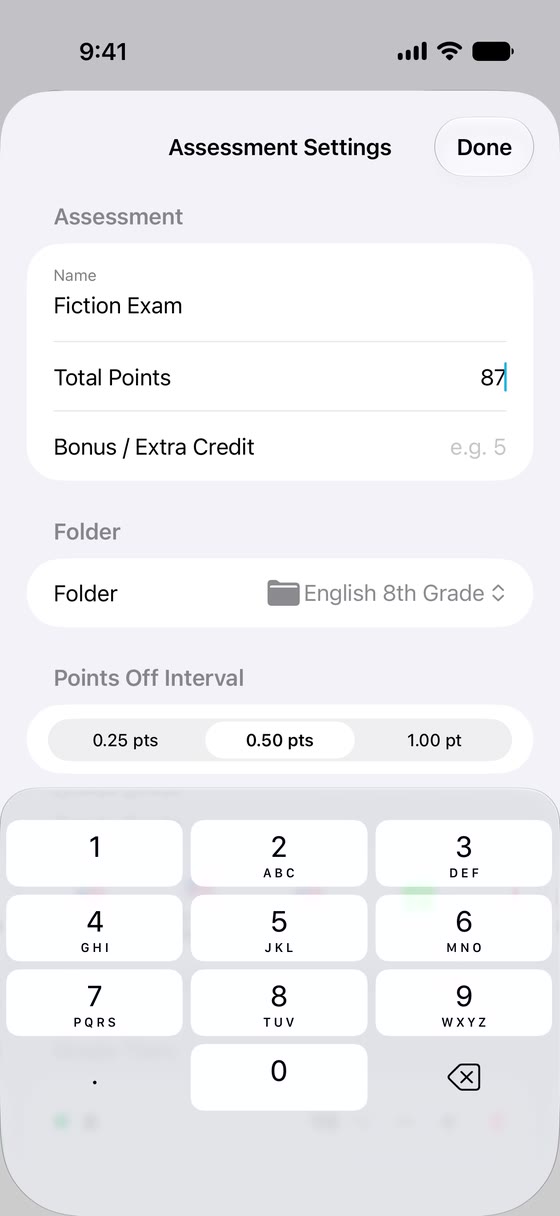 GradeKey's assessment settings, with the name set to Fiction Exam and the total points set to 87.