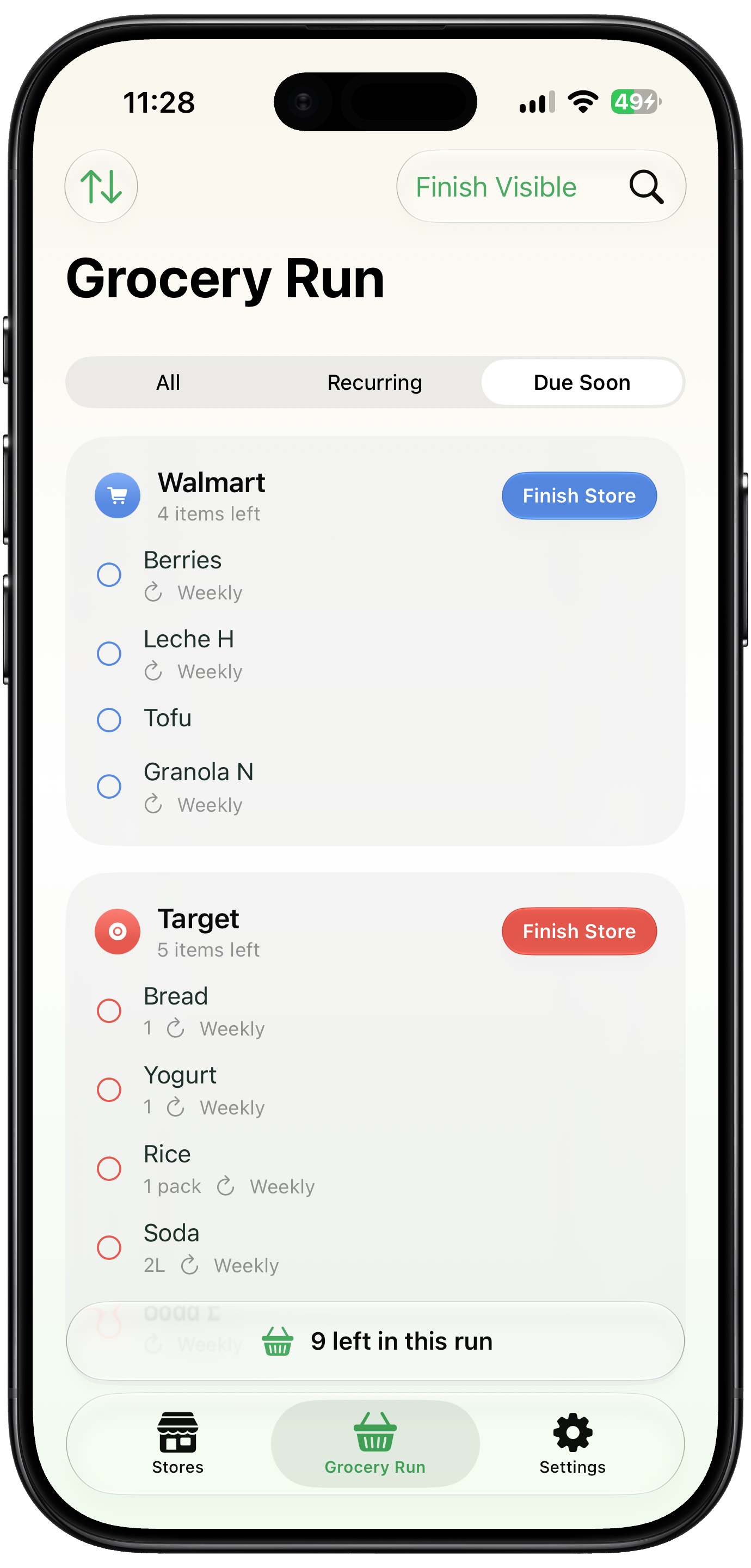 Screenshot of Grocerly showing a grocery list organized by store