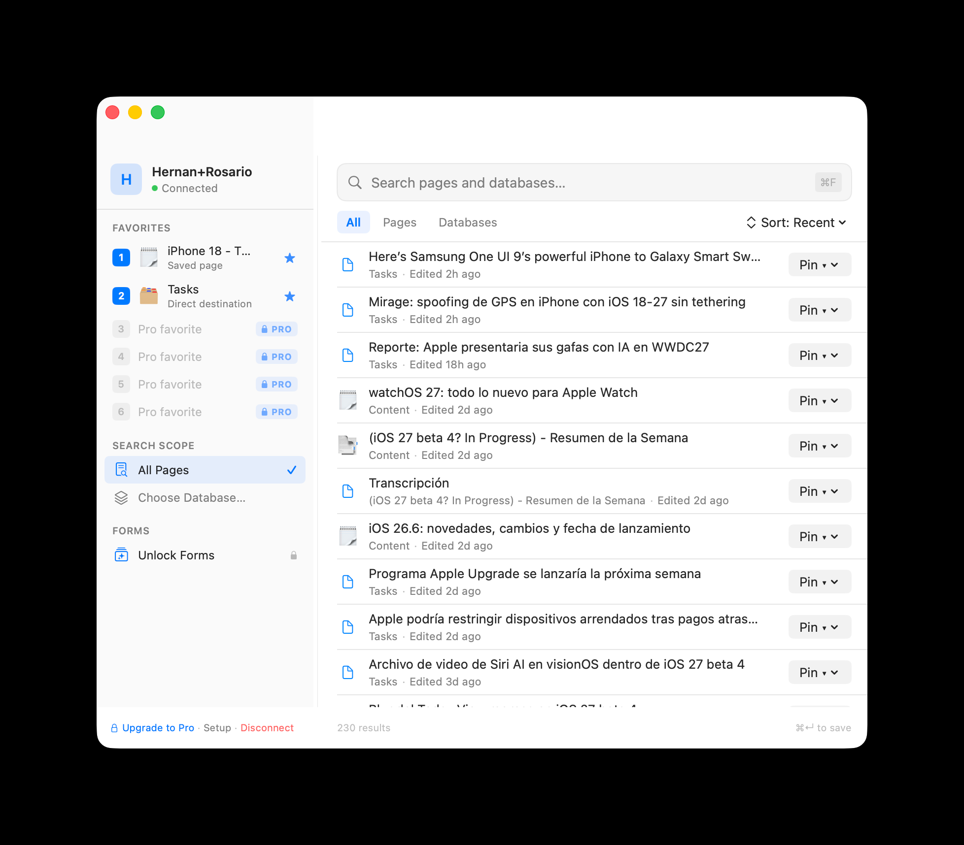 NotionShare for Mac showing favorite destinations and search across Notion pages and databases